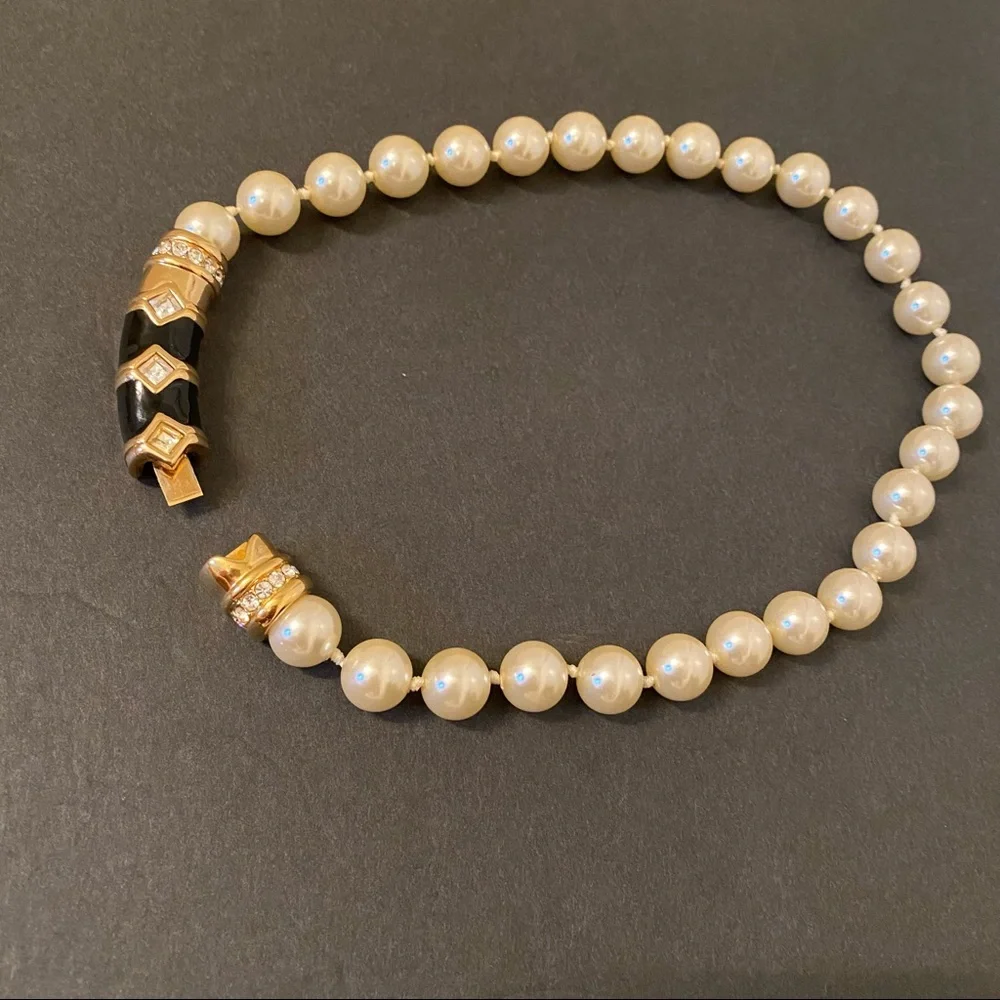 SWAROVSKI NECKLACE CHOKER PEARLS GOLD BLACK ENAMEL CRYSTALS 17” STATEMENT